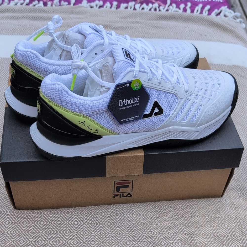 Fila White and Black Athletic Shoes with Neon Accents